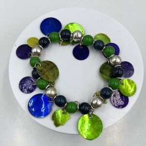 Vintage Colorful Shell Disc Charm Bead Bracelet Green Blue Purple Dangle Stretch